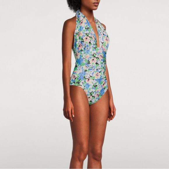 Ganni  Halter One Piece Swimsuit Blue Floral Size 6 New - Picture 2 of 10